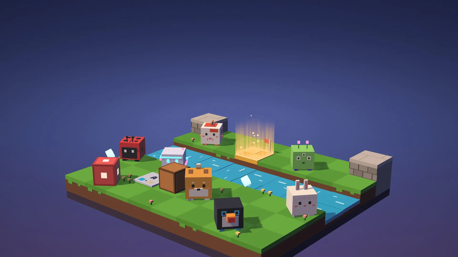 Shiba and friends on a floating Meadow island by a river, with the goal glowing on the far bank