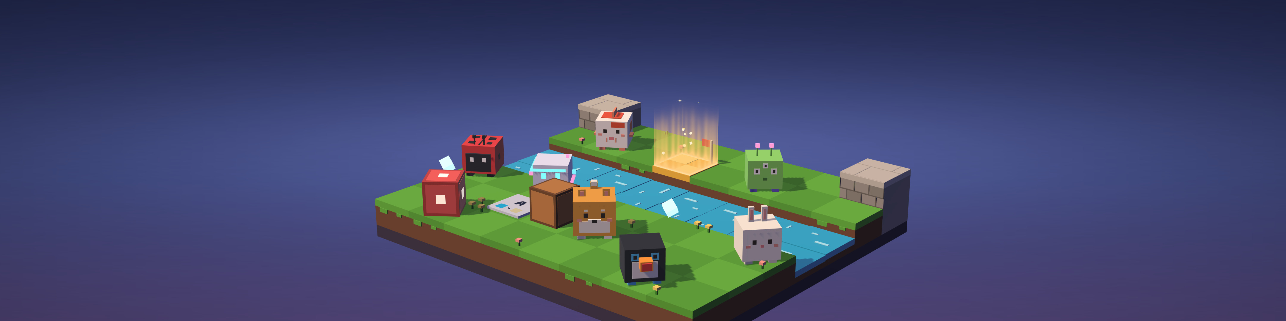 Shiba and friends on a floating Meadow island by a river, with the goal glowing on the far bank