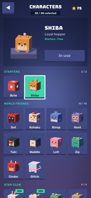 The Characters screen